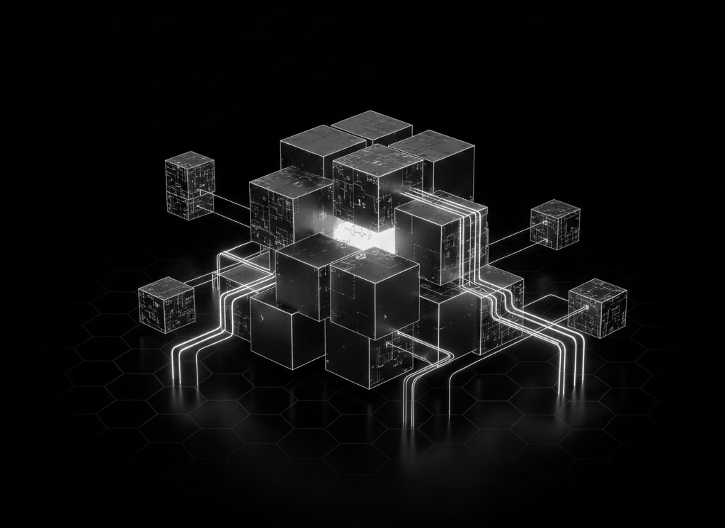 Matte black modular structure with glowing data streams, illustrating an architected foundation for AI compliance and secure software development.