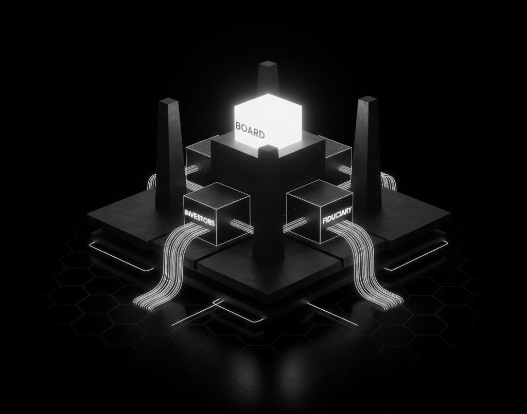 Monolithic obsidian core with glowing circuit-map etchings, symbolizing an impenetrable and architected strategic security foundation.